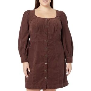MADEWELL Plus Long Sleeve Seamed Button Front Retro Dress - Baby Cord Brown 14 W